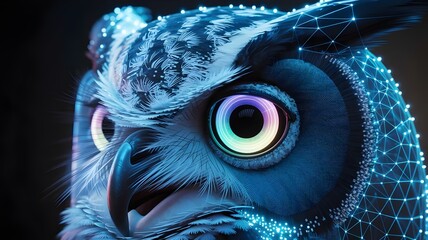 Ethereal owl eye formed by luminous data mesh and interconnected nodes – Suitable for technology, vision, or futuristic illustration.