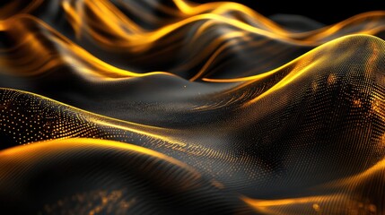 Abstract digital waves of dark fabric texture showing golden glowing particle lines, creating a sense of energy, technology, and luxury in a modern design