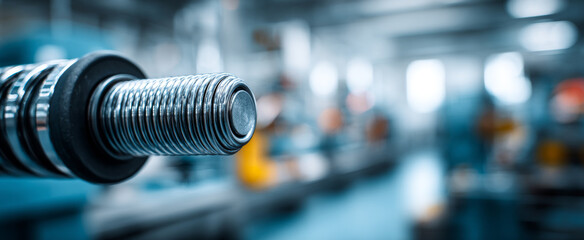 A shiny metallic industrial spring with tightly coiled wire in a manufacturing facility