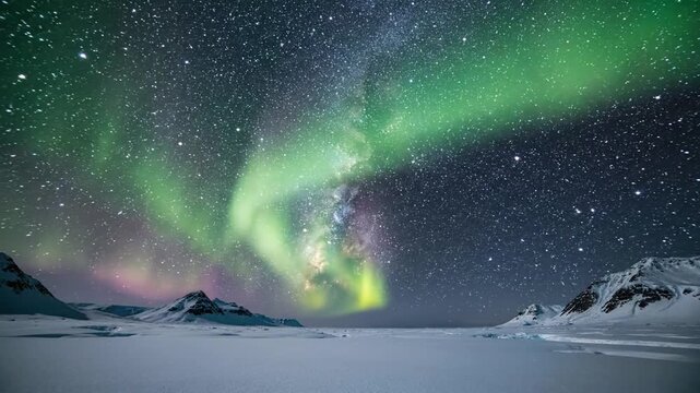 Aurora borealis spills green ribbons over snowfields and distant icy mountains at night under stars