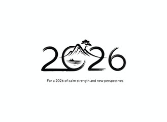 Fototapeta premium 2026 Calm Strength and New Perspectives Zen Mountain Brush Stroke Illustration Greeting Card