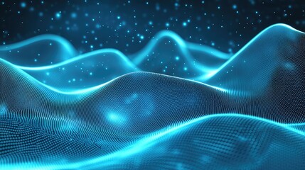 Digital wave particles creating a flowing, glowing abstract landscape, representing data flow, technological connection, and futuristic network concepts against a dark, star like background