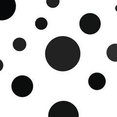 Random scattered black circles of varying sizes on a stark white background dots polka dots