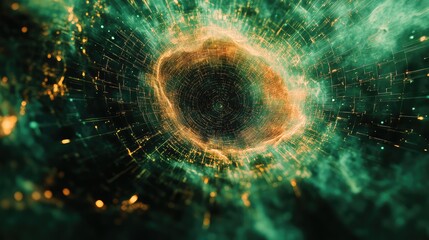 Abstract digital tunnel with glowing orange and green particles creating a dynamic space, showing data transfer, cyberspace, and technology innovation through light trails and network connections