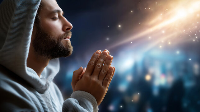 Faceless robed figure extending hand in prayer against blurred dramatic background, spiritual resurrection symbolism, soft divine light, defocused atmospheric setting, contemplativ