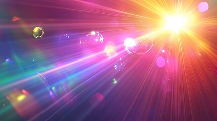 Abstract background showing bright light rays creating lens flare effects across a vibrant gradient spectrum with floating transparent spheres and bokeh elements