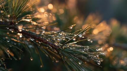 Fototapeta premium Morning light shines on pine needles covered in water droplets in a green forest
