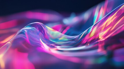 Abstract wavy translucent lines constructing a dynamic digital landscape with gradient colors of pink, purple, blue, and yellow, representing technology, data, and motion