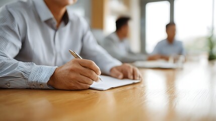 Hands of a business professional writing notes on a document at a wooden conference table during a meeting with colleagues blurred in the background