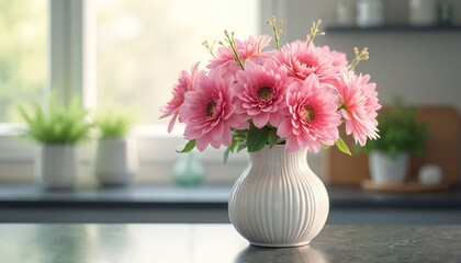 Pink dahlia flowers arranged in white ceramic vase sit on dark kitchen counter. Fresh vibrant beautiful bouquet brightens modern home interior. Natural sunlight from large window illuminates green © Viktor