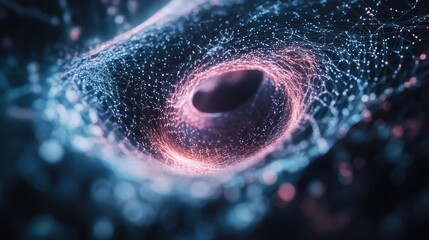 Abstract network of glowing data points creating a swirling tunnel representing complex information flow, technology connections, and advanced digital concepts