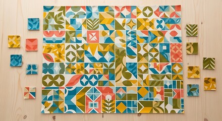 Colorful geometric pattern with squares and floral elements on a wooden surface background art design