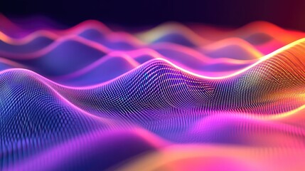 Digital wave surface forms a futuristic abstract background, showcasing vibrant glowing particles moving and creating a dynamic representation of data, sound, or network communication