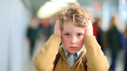 Fototapeta premium Child covers ears in busy hallway during school day with many students around