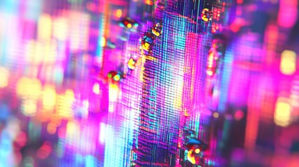 Digital data stream representing abstract network concepts with colorful neon lighting, creating a futuristic background suggesting technology, connection, and glowing urban lights