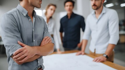 A professional business team discusses blueprints and strategy during a collaborative meeting in a modern office