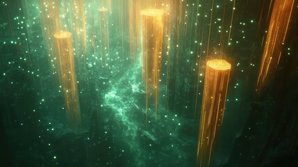 Golden light columns connect within a dark green digital landscape, symbolizing data flow, network communication, and technological innovation in an intricate abstract environment