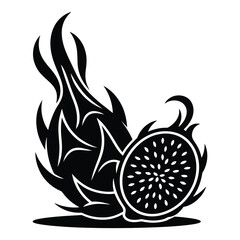 Whole pitahaya and a sliced pitahaya with tiny seeds visible dragon fruit black and white vector illustration on a white background fresh exotic fruit