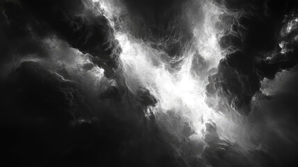 Abstract storm cloud formation with dark, turbulent atmosphere and bright glowing light, dramatic contrast and ethereal energy creating an intense, mysterious background texture