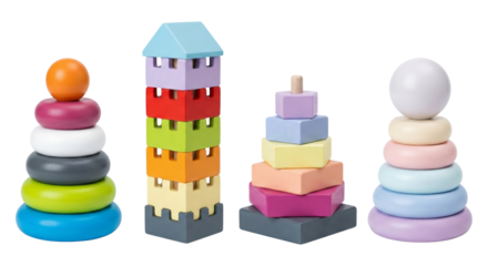 colorful educational stacking toys and nesting blocks for children isolated transparent background