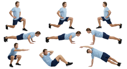 man demonstrating various workout exercises on isolated transparent background