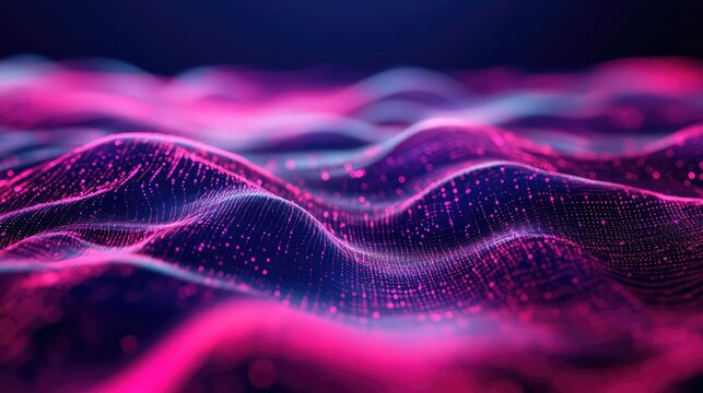 Glowing pink and blue digital particles form flowing waves and grids, visualizing data streams, network connections and ai processing in a vibrant, futuristic tech background - Powered by Adobe