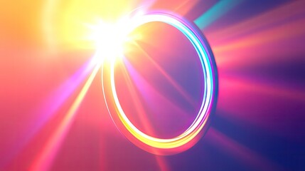 Vibrant abstract light ring creating an energetic gradient background with bright, colorful rays radiating from its glowing surface, symbolizing innovation, portal, or data connection