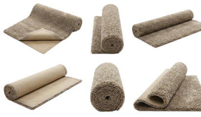 assortment of textured beige carpeting and rug rolls isolated on transparent background for