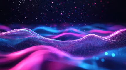 Glowing particle wave forming an abstract digital landscape, symbolizing technological innovation, big data visualization, and the interconnected essence of contemporary information networks