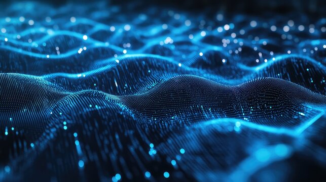Abstract blue digital wave surface with glowing particles and connecting lines depicting flowing information, network connections, and futuristic data visualization in cyberspace - Powered by Adobe