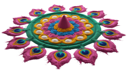 Intricate Rangoli Design with Peacock Feathers