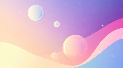 Abstract pastel gradient background creating a colorful flow with wavy shapes, transparent spheres, and subtle star like particles, representing modern fluidity and dreamlike concepts