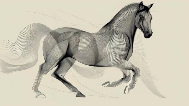 A horse is shown in a black and white drawing. The horse is running. Abstract contemporary zodiac horse, refined curves and lines, calm modern aesthetic, zodiac horse contemporary design