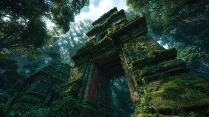 Naklejka premium Mystical Ruins Amidst Lush Foliage: A captivating view reveals ancient ruins, enveloped by dense, green foliage, offering a glimpse into a world of forgotten civilizations and natural beauty. 