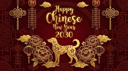 Happy Chinese New Year 2030, featuring elegant dog silhouette, ornate flowers, and festive decorative elements on red background