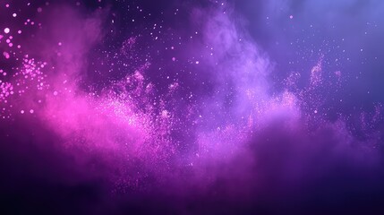 Vibrant purple and pink particles blending seamlessly with smoke and dust clouds, creating a dynamic abstract background effect with glowing bokeh elements