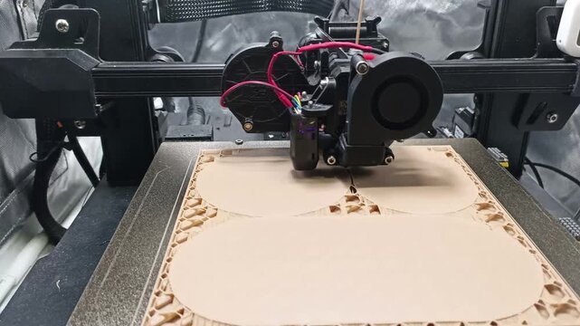 Detailed close-up shot of a Fused Deposition Modeling (FDM) 3D printer nozzle extruding light brown filament, building a complex container layer by layer.