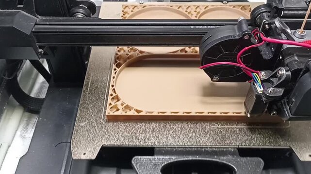 Detailed close-up shot of a Fused Deposition Modeling FDM 3D printer nozzle extruding light brown filament, building a complex container layer by layer.