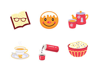 Simple Set of Cozy Winter Related Colorful Icons. Contains Icons as Open Book, Gingerbread Cookie, Teapot, Teacup, Thermos Flask, Popcorn.