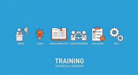 Illustrated training icons representing coach learn knowledge experience evaluation skill on blue