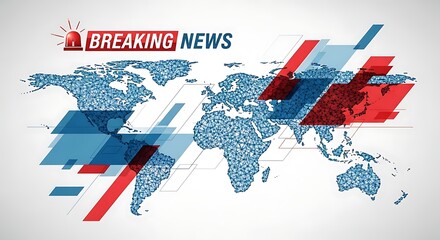 Breaking news graphic featuring a polygonal world map with red and blue geometric shapes overlaying it