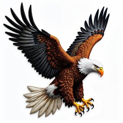 Obraz premium Bald eagle illustration soars with widespread wings, extended talons. Vibrant embroidered patch design features intricate texture, detail. Bird represents America, freedom, strength, patriotism.