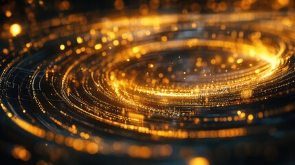 Digital data streams are flowing in a circular motion, creating an abstract technology background with glowing golden particles representing connectivity and innovation