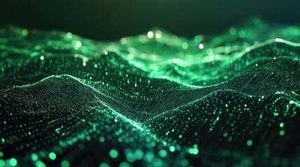 Glowing green particles forming an undulating wave surface, representing dynamic data flow, secure connections, and advanced network technology in an abstract digital landscape