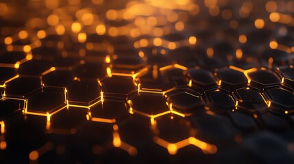 Abstract background with a pattern of dark hexagonal shapes glowing with orange light, representing digital network connections, energy flow, and advanced technology concepts
