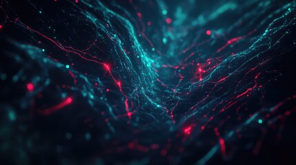 Abstract digital particles forming undulating waves and glowing lines, symbolizing complex data flow, network connections, artificial intelligence, and technological innovation