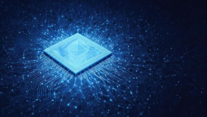 Futuristic Microchip with Glowing Connections in Dark Blue.