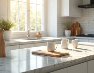 Bright white kitchen counter with marble surface. Morning sunlight streams through window illuminating mug, cutting board with copy space. Minimalist Scandinavian decor adds cozy style. Clean