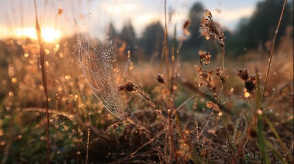Morning light shines on dewdrops in a meadow with a spider web