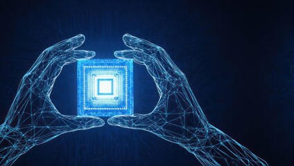 Futuristic Hands Holding Glowing Microchip - The Future of Technology.